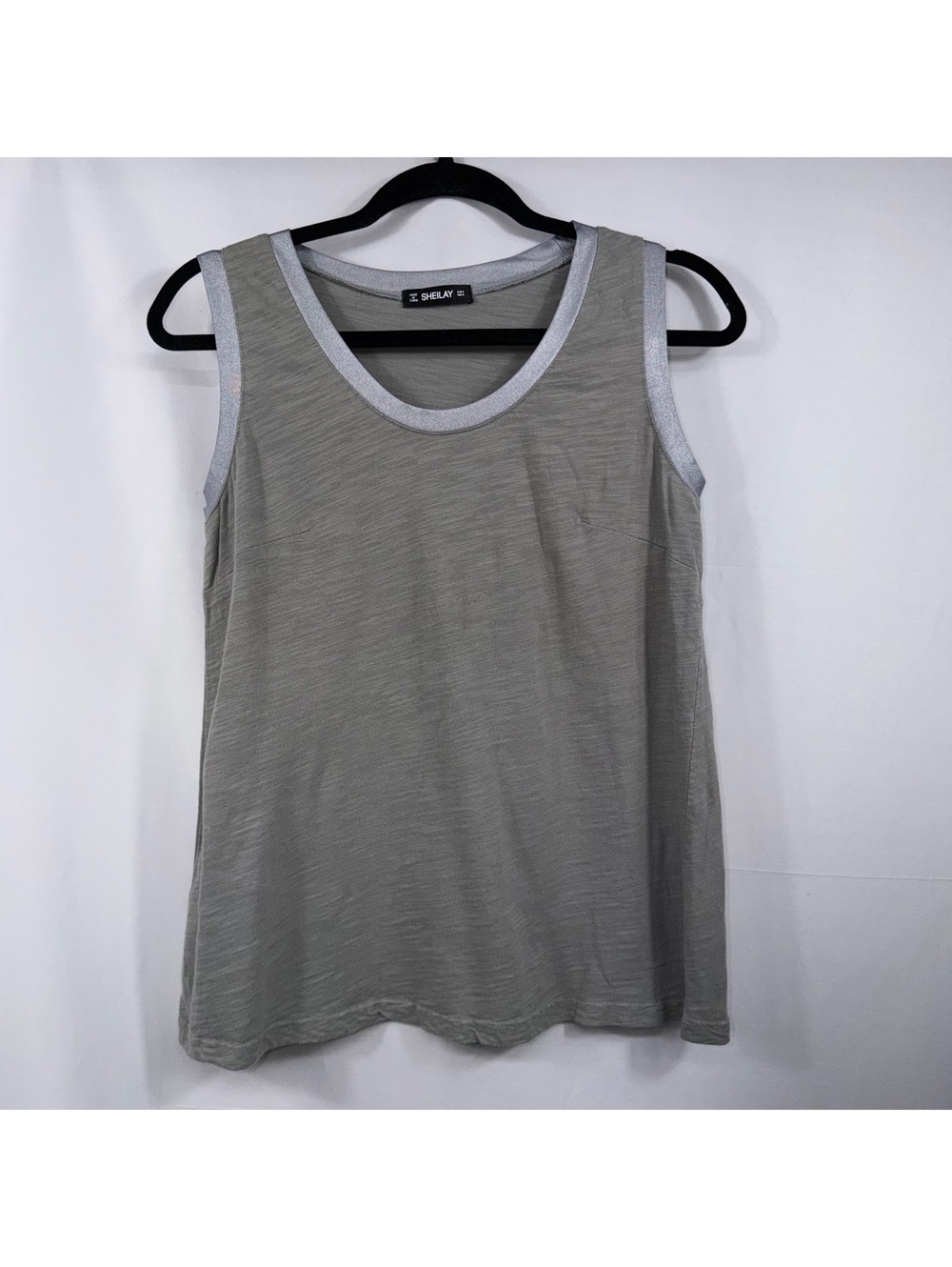 SHEILAY Women’s Small Gray Sleeveless Tank Top Silver Metallic Trim